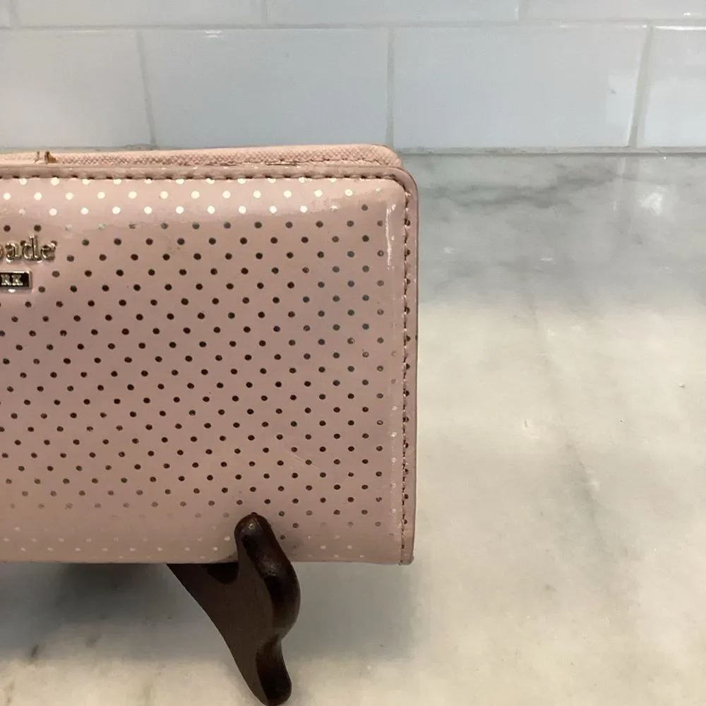 Kate Spade Wallet Pink Leather Polka Dot Patent Sleek Slim Full Sized Wallet